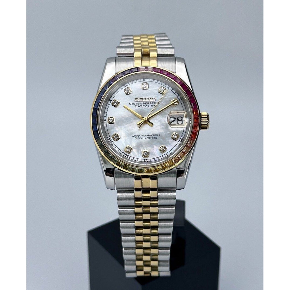 Custom Seiko Mod • 2-Tone Gold Rainbow Diamond Bezel on Diamond MOP Dial Datejust • 36mm